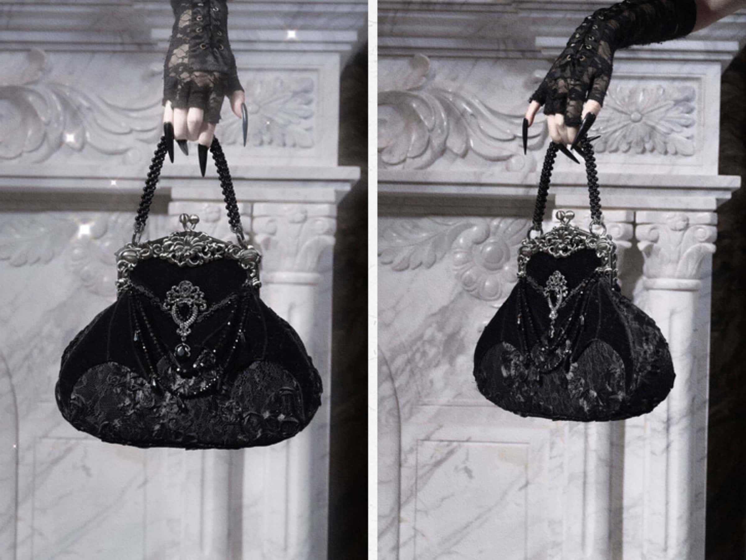Mourning Day - Gothic Rhinestone Velvet Handbag - image 6
