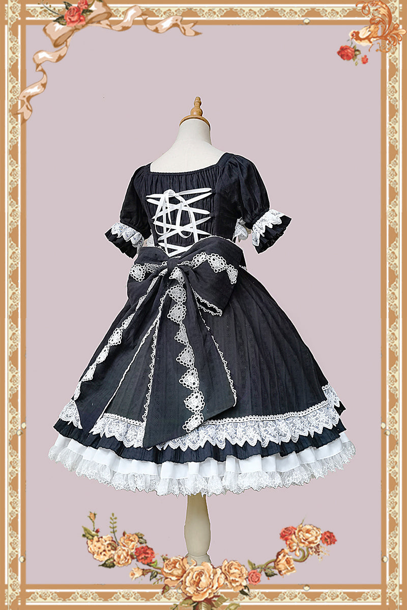 Doll-like Old-School Lolita OP Dress, Patchwork Sleeve and Accessories - image 5