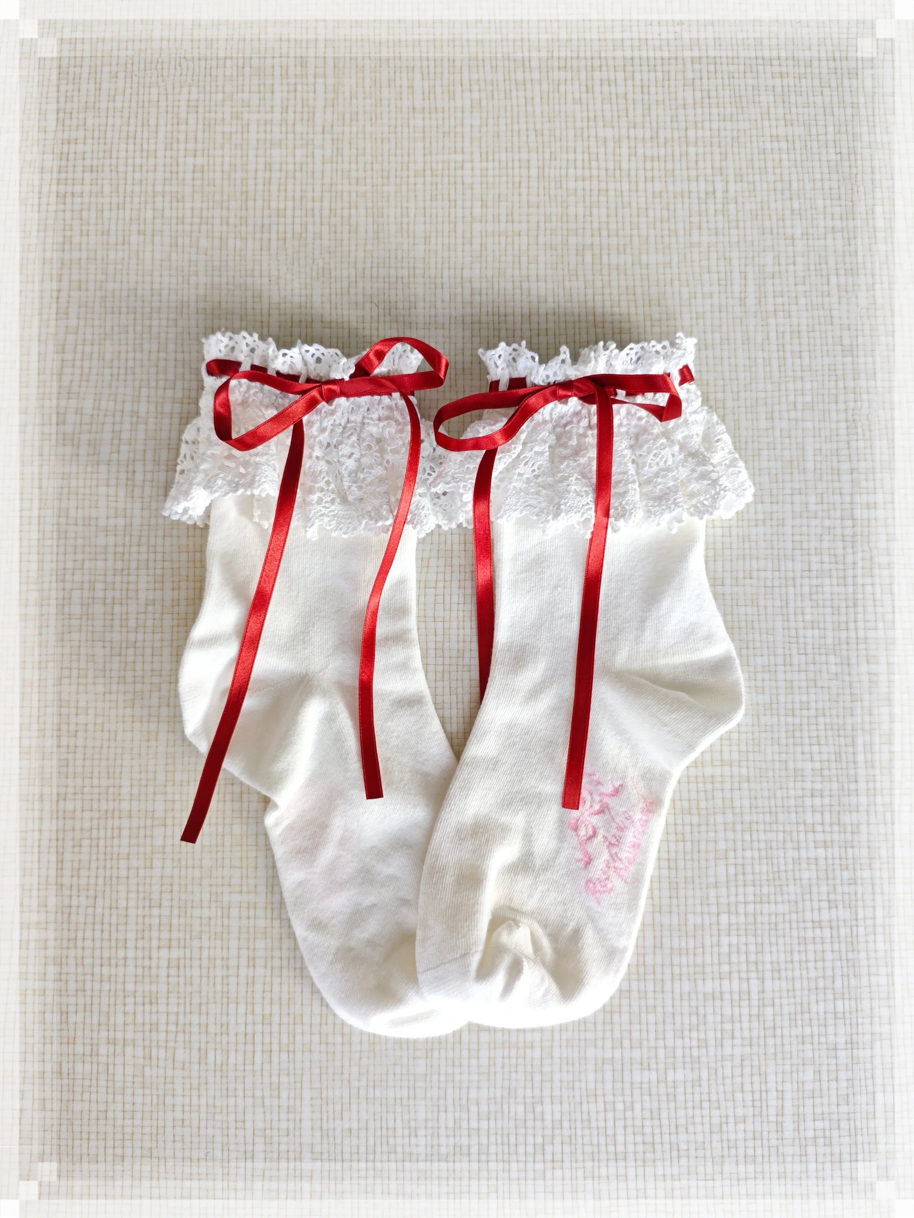 Cotton Old School Lolita White Socks with Colorful Ribbon Bows - image 28