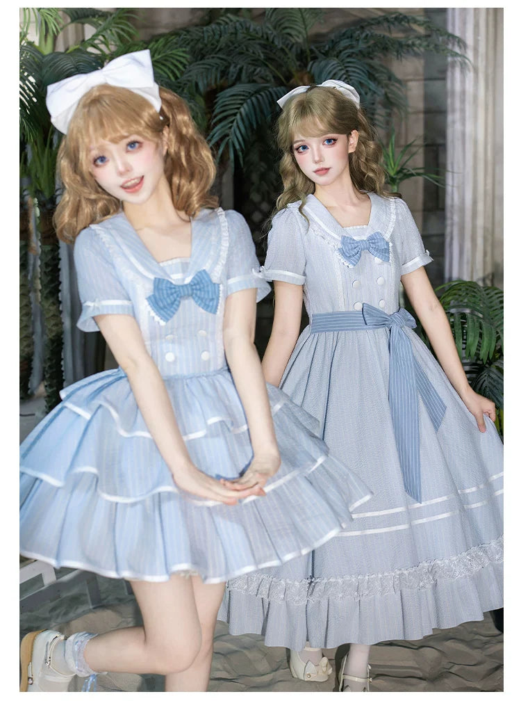 Seven-Day Bell - Blue Classic Lolita Striped OP Dress, Sailor Collar - image 18