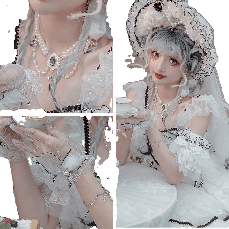 Dark Starry Night - Wedding Lolita Bonnet Bridal Mesh Gloves and Necklace - image 4