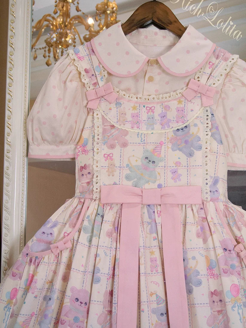 Starry Pudding Bear - Sweet Lolita JSK and Printed OP Dress - image 17