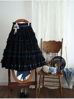 Wings and Bouquet - Dark Classic Lolita Blouse and SK Set, Layered Blue Ruffles - image 23