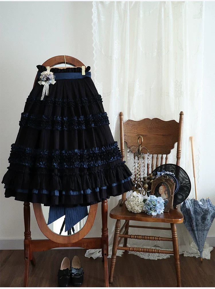Wings and Bouquet - Dark Classic Lolita Blouse and SK Set, Layered Blue Ruffles - image 23