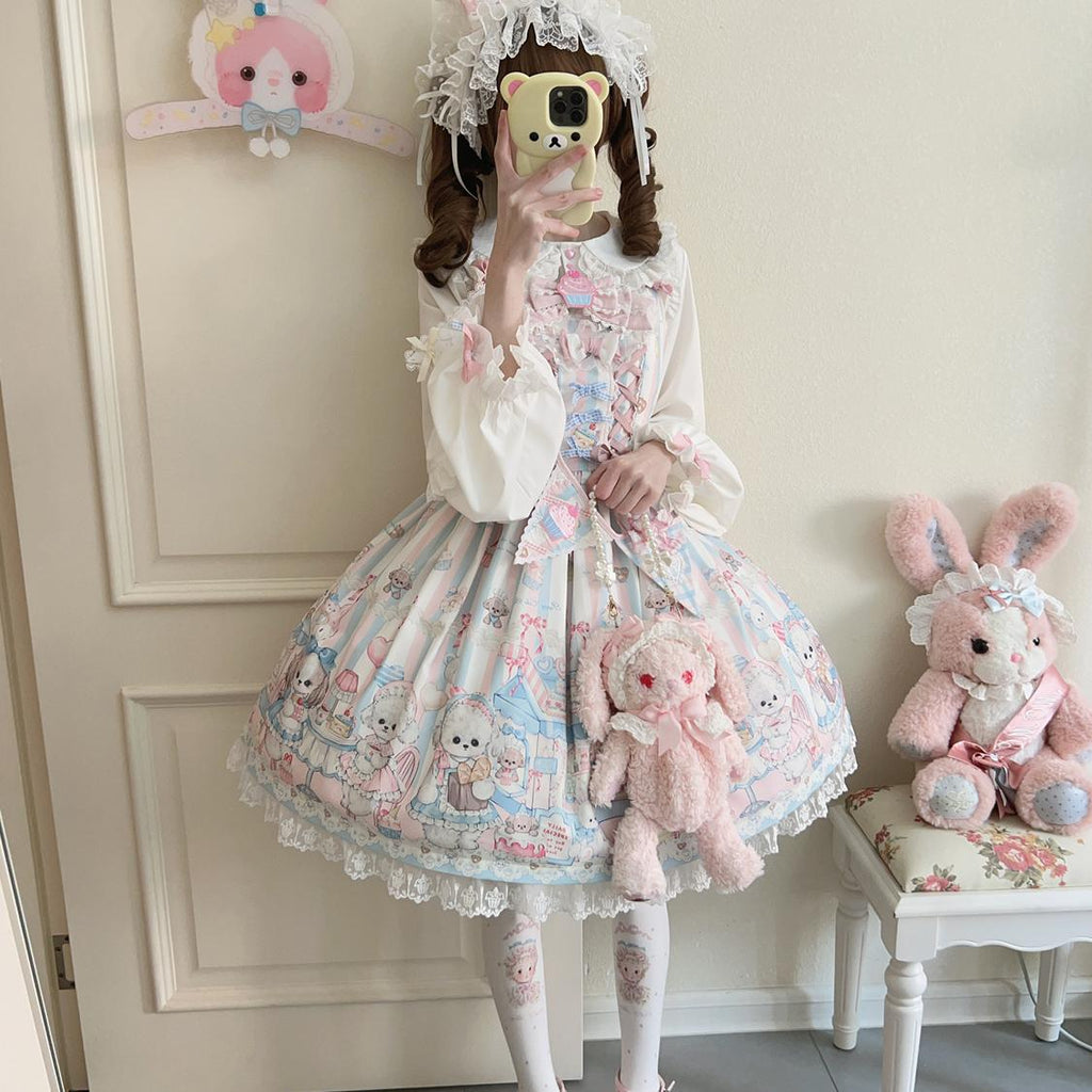 Sweet Tea Party - Kawaii Lolita JSK Puppy Printed Dress with Sash - image 5