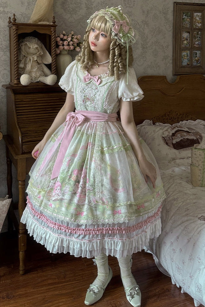 Bamboo Rabbit Pink Green Bunny Floral Print Bow Classic Lolita OP Dress and Accessories - image 1