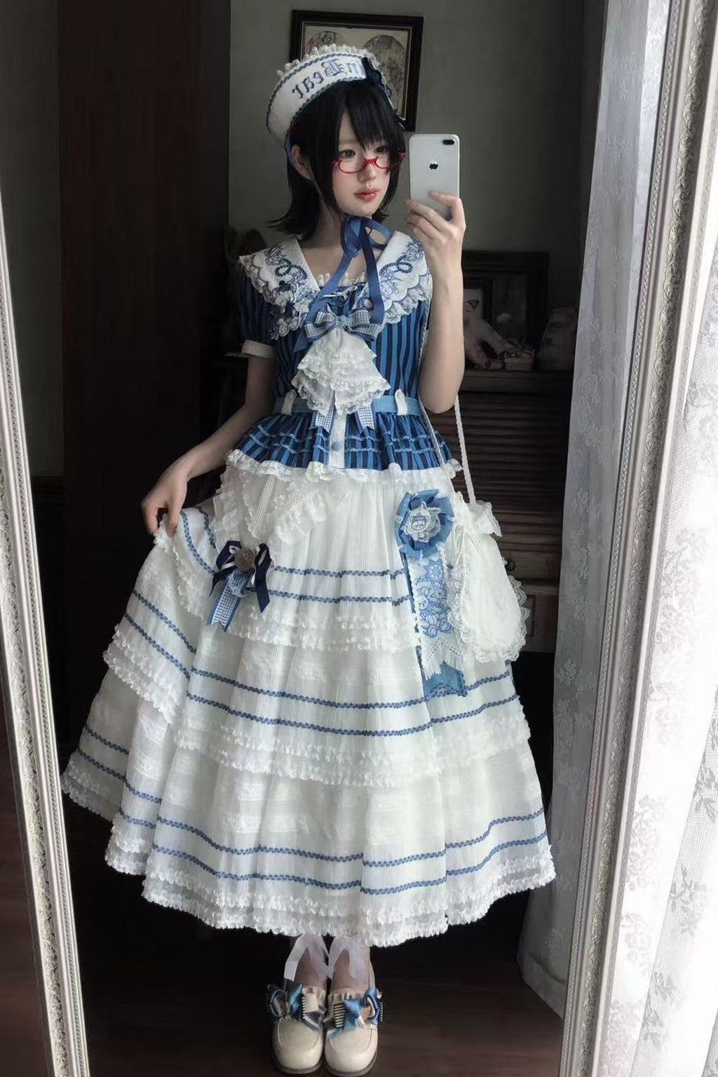 Antique Sailor Bear Blue Stripe Cropped Top Long Skirt Lolita Set - image 16