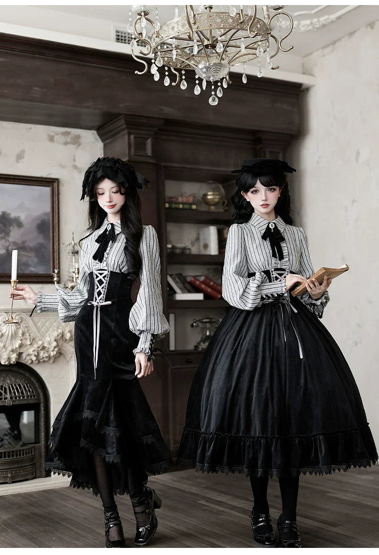 Dusk Moment - Classic Lolita Striped OP & Mermaid Dress Set, Fishbone Waist - image 12