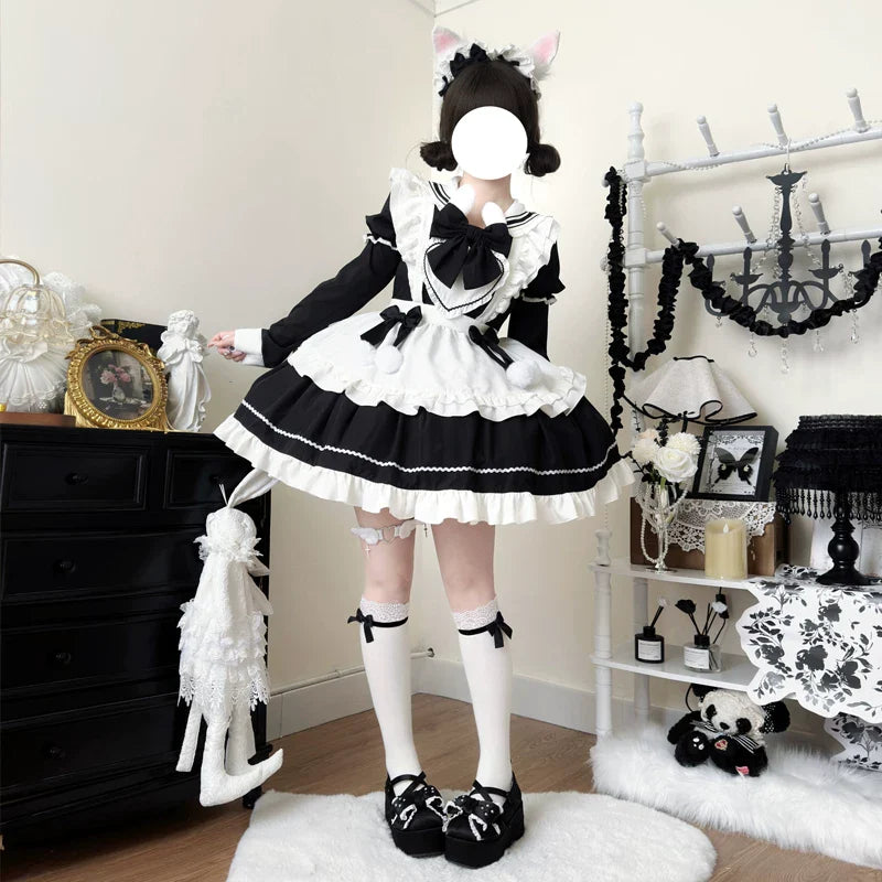 Sweet Bunny Pom-pom - Maid Lolita Bunny Ear Collar OP Dress, Detachable Apron and Accessories - image 3