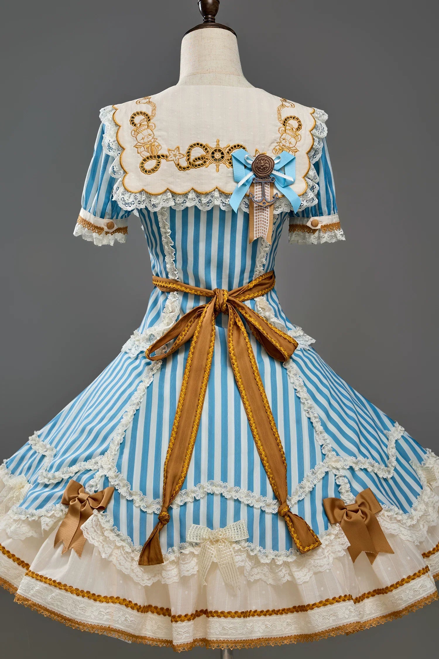 Antique Naval Bear - Striped Classic Lolita Sailor Collar OP, Bear Embroidery - image 4