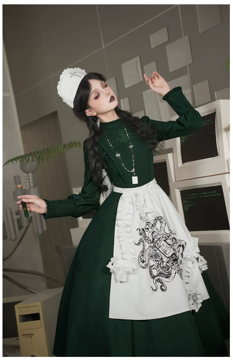 Abyss Clinic - Gothic Lolita Green Dress Set, Embroidery Accent - image 24