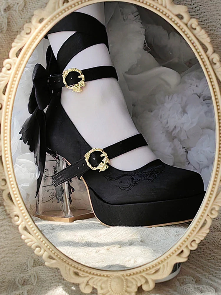 Floating Koi Land - Satin Classic Lolita Platform Shoes with Transparent Heel - image 1