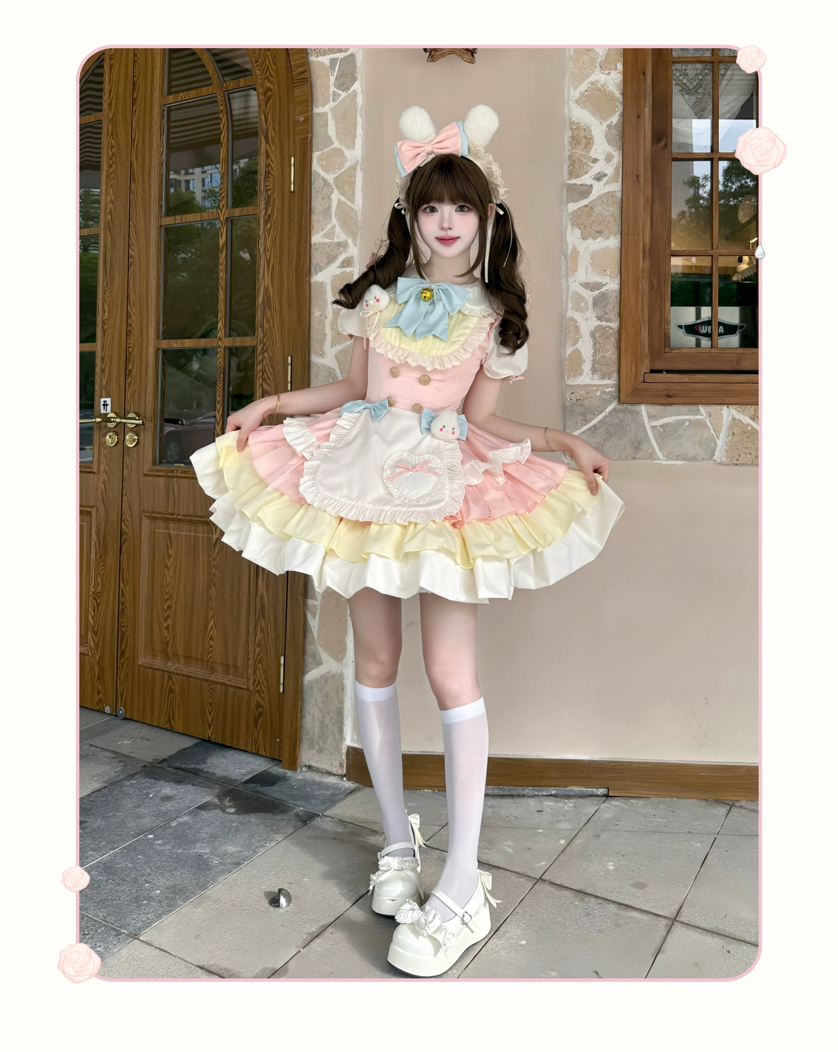 Cream Puff - Sweet Lolita Apron OP Dress, Bunny & Bear Details - image 4