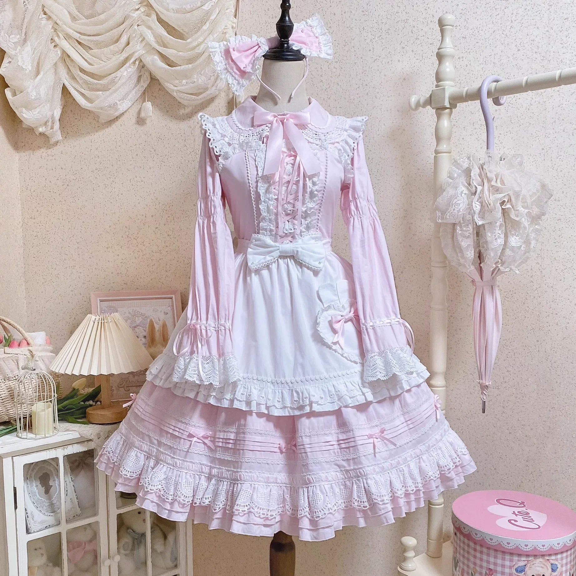 Little Bunny Bakery - Old School Lolita Cotton JSK Dress, Bunny-ear Heart Apron and Accessories - image 7