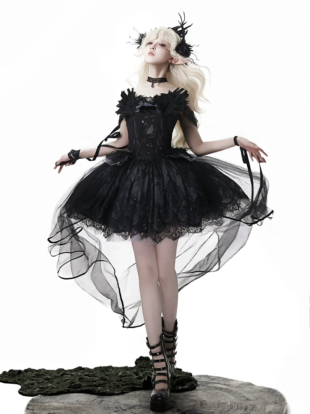 Star Swan Dream - Black Gothic Lolita JSK Dress, Swan Embroidery - image 1
