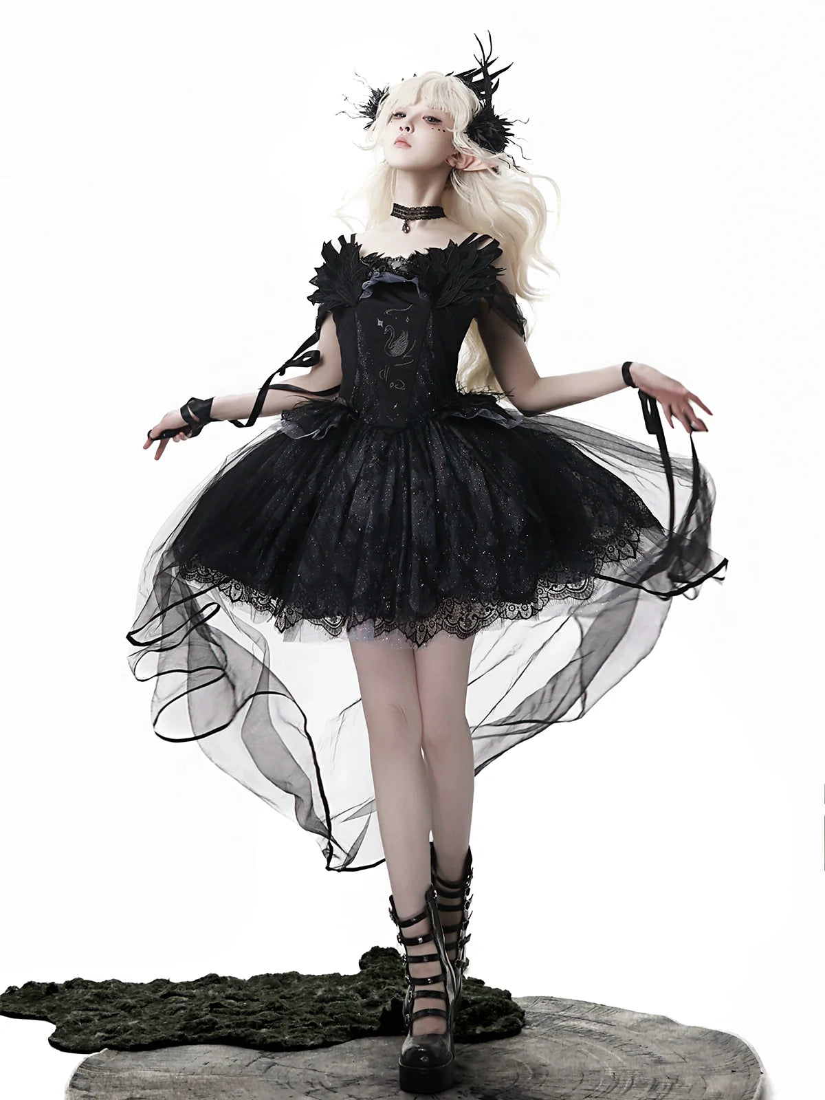 Star Swan Dream - Black Gothic Lolita JSK Dress, Swan Embroidery - image 1