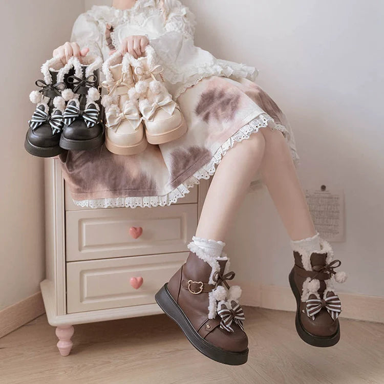 Milk Bear - Winter Lolita Shoes Thick Sole Fleece Snow Boots - image 2
