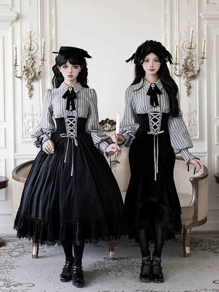 Dusk Moment - Classic Lolita Striped OP & Mermaid Dress Set, Fishbone Waist - image 1
