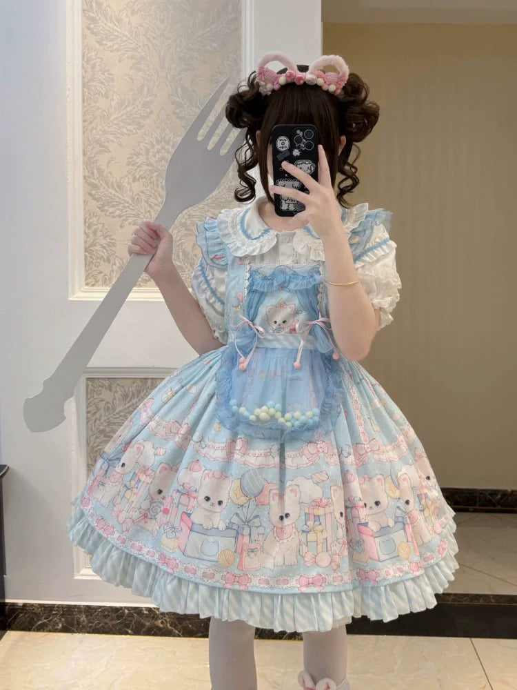 Meow Pompom - Sweet Lolita Salopette Dress Suit, Cat Print - image 13