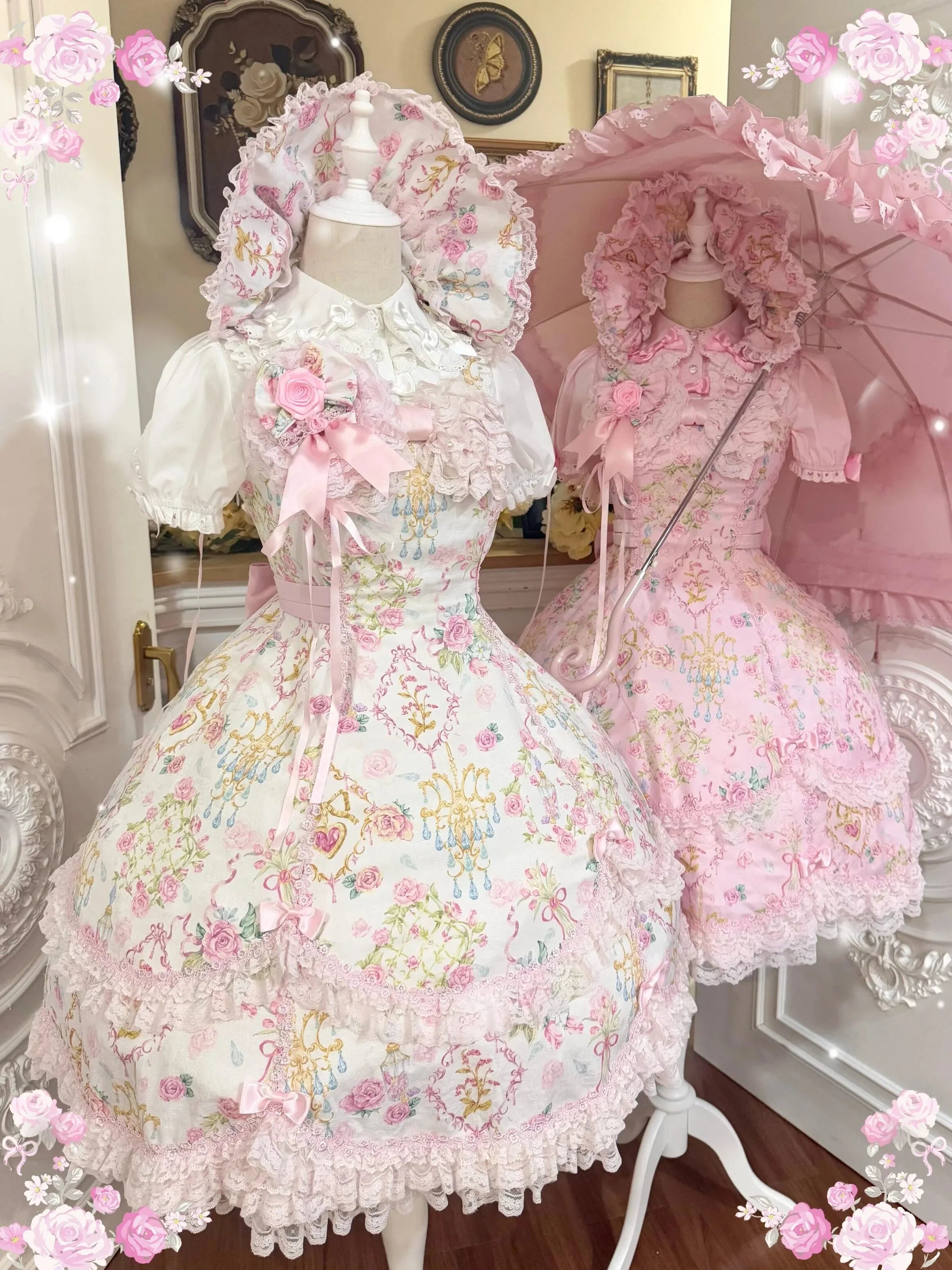 Spring 2025 Vintage Flower Wall Chandelier Rose Print Sweet Lolita JSK Dress and Accessories - image 2