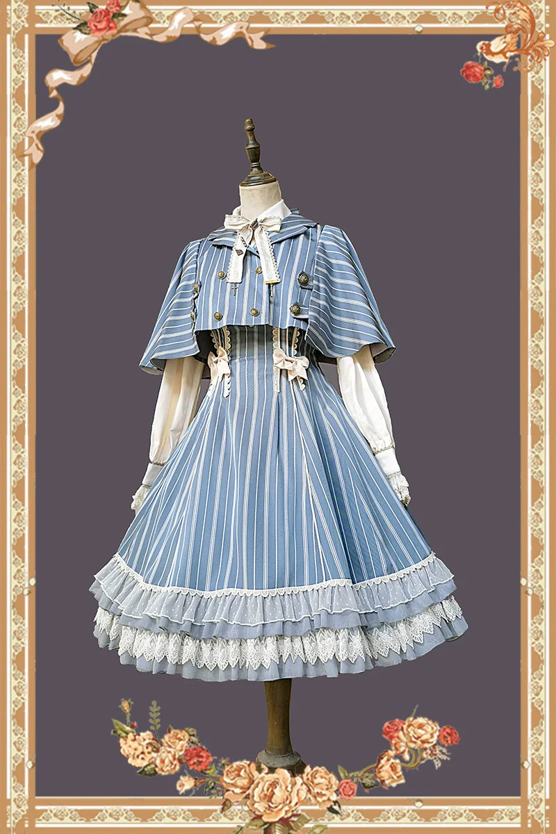 Elegant Lolita Stripe High-waist Jumper Dress Set and Cape - image 30
