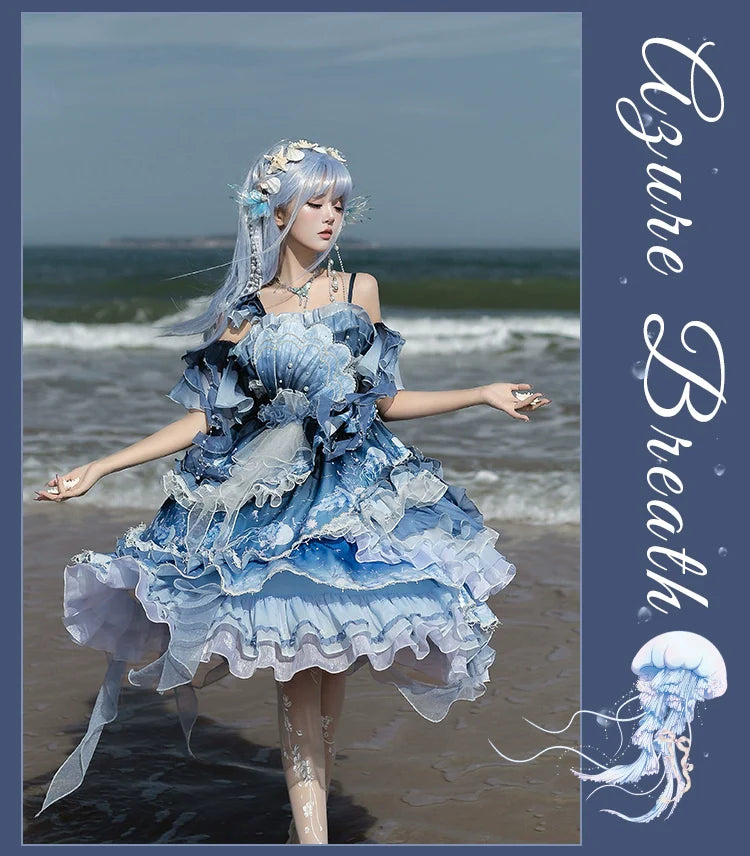 Blue Breath Jellyfish - Classic Lolita JSK Dress, Side Zipper - image 28