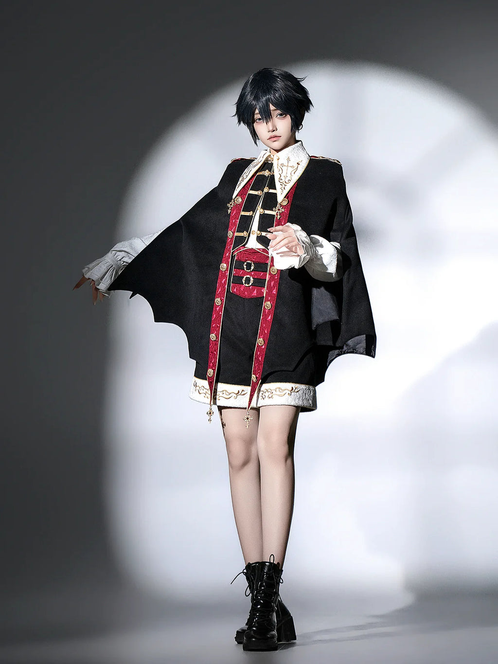 Vampire Youth - Ouji Lolita Bat Shaped Cape Set, Gold Embroidery & Red Accents - image 5