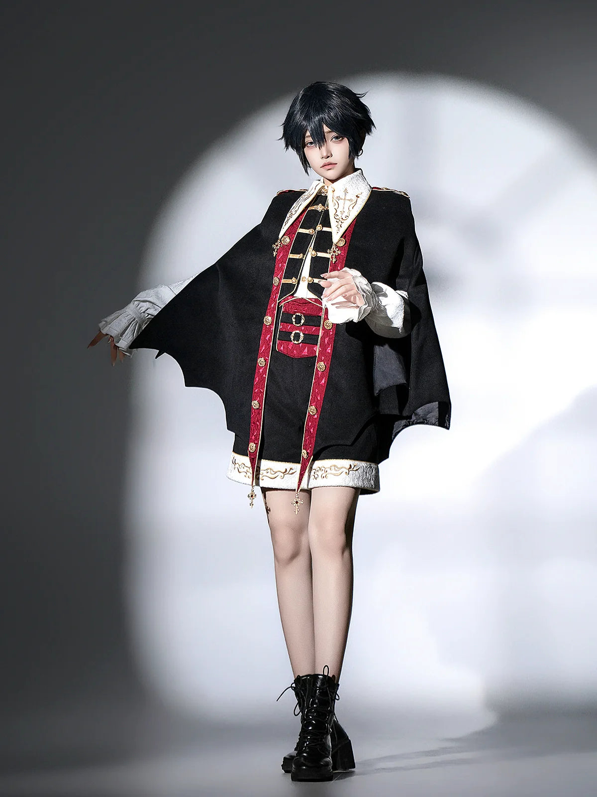 Vampire Youth - Ouji Lolita Bat Shaped Cape Set, Gold Embroidery & Red Accents - image 5