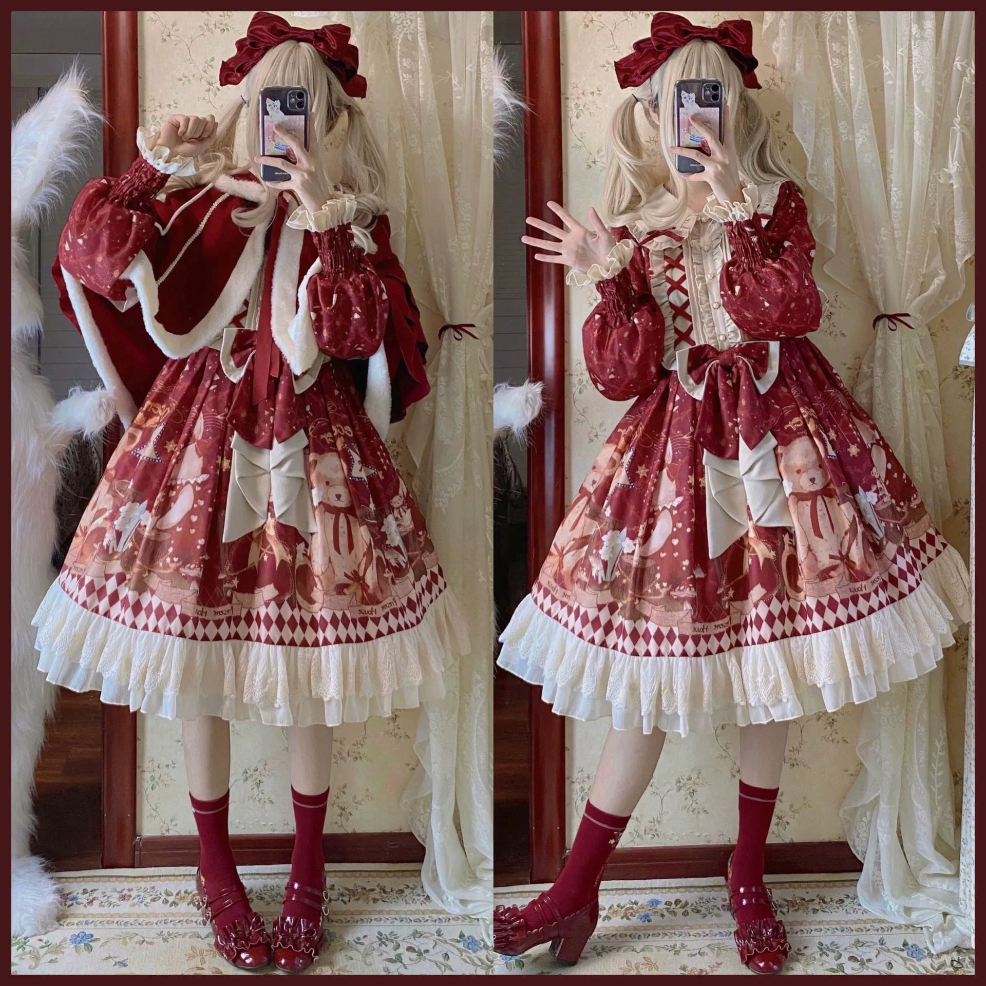 Sweet Bear Gift House - Sweet Lolita Suit Christmas Lolita OP and Cape - image 1