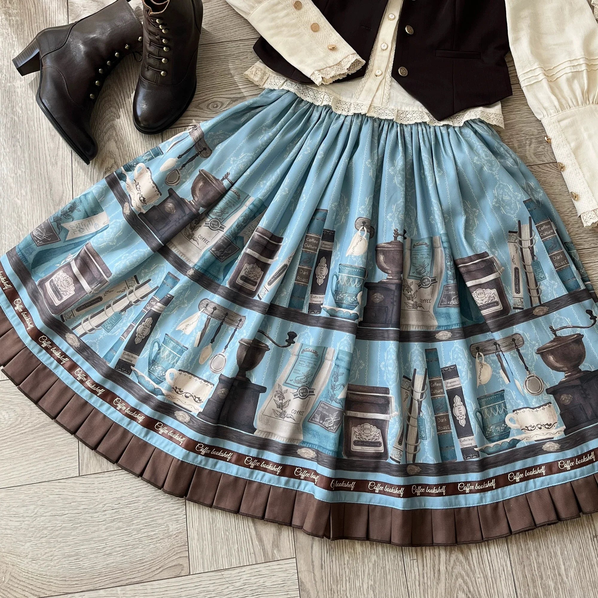 Coffee Bookshelf - Classic Lolita JSK and SK Set, Coffee Cup and Book Print - image 12