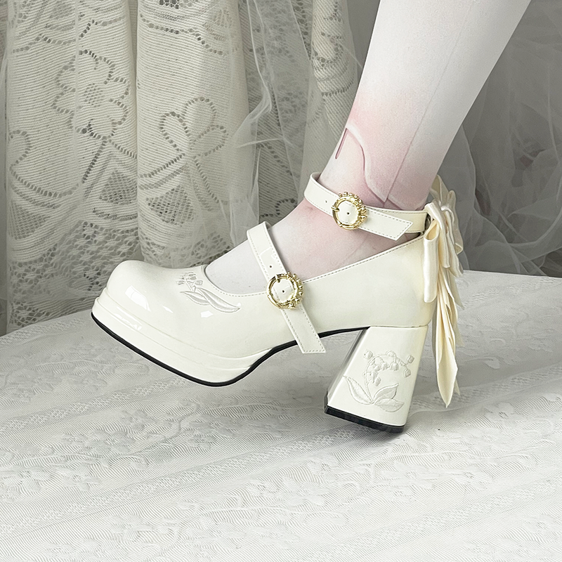 Dreamlike Lily of the Valley - Classic Lolita Platform Shoes with Back Large Bow - image 20