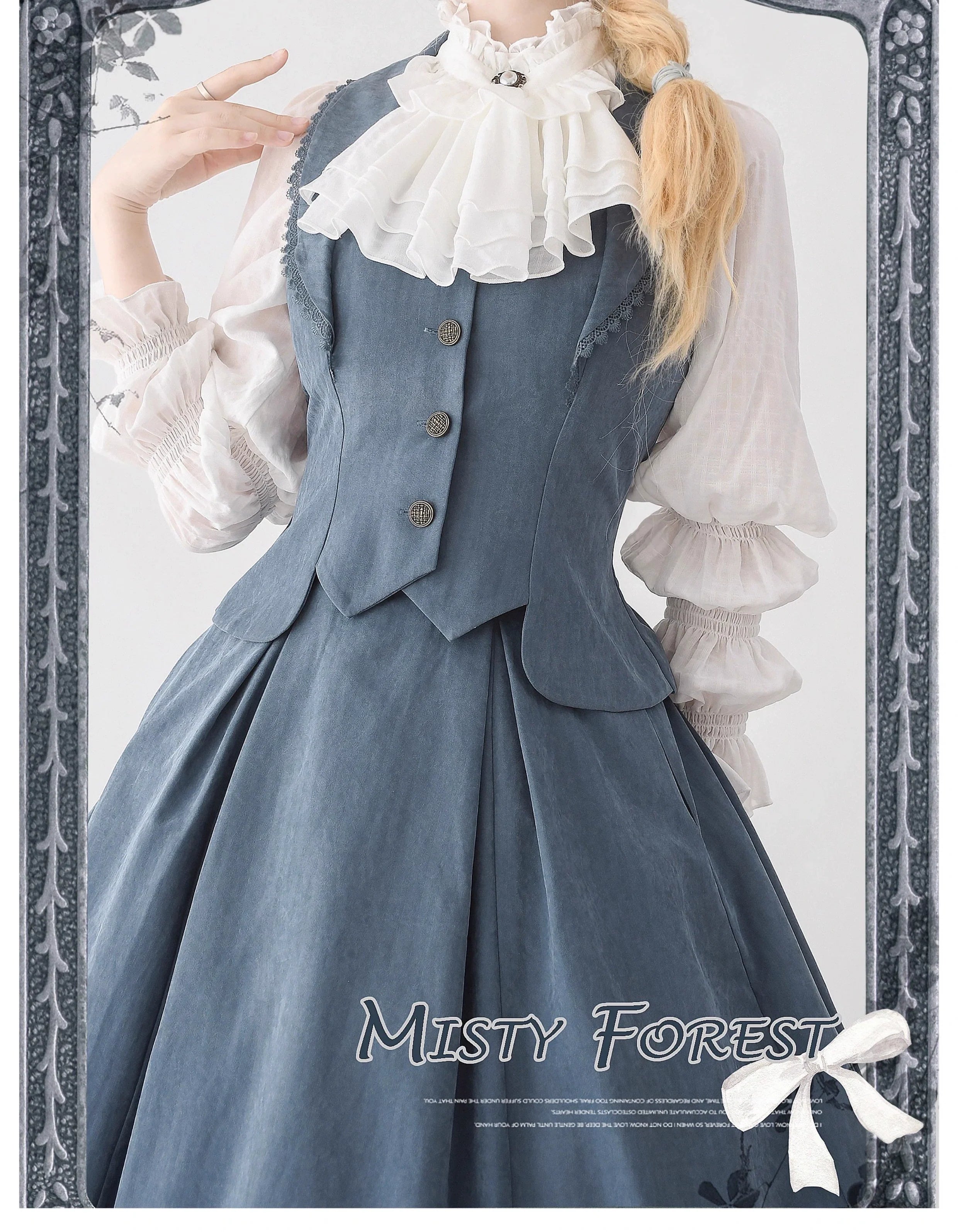 Classic Lolita A-Line Skirt, Button-Front Vest and White Blouse - image 30