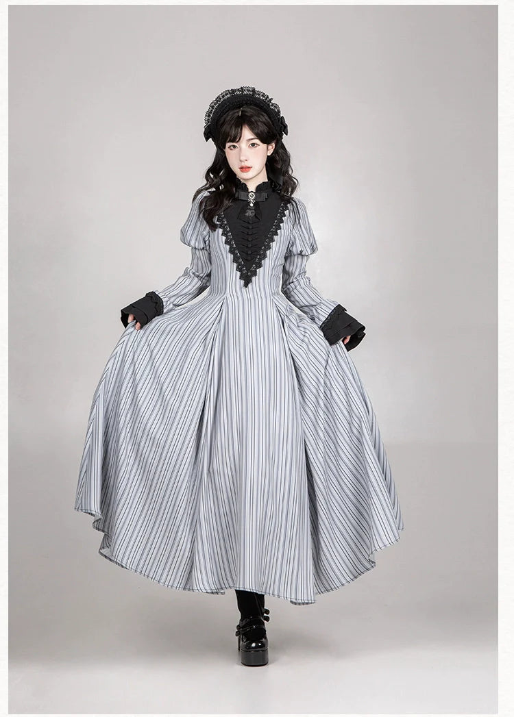 Nocturne SP - Striped Gothic Lolita OP Twin Lolita Dress with Apron and Accessories - image 25