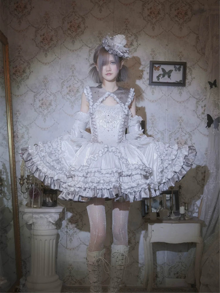 Metallic Angel - Silver-white Punk Lolita JSK, Wing and Rhinestone Details - image 1