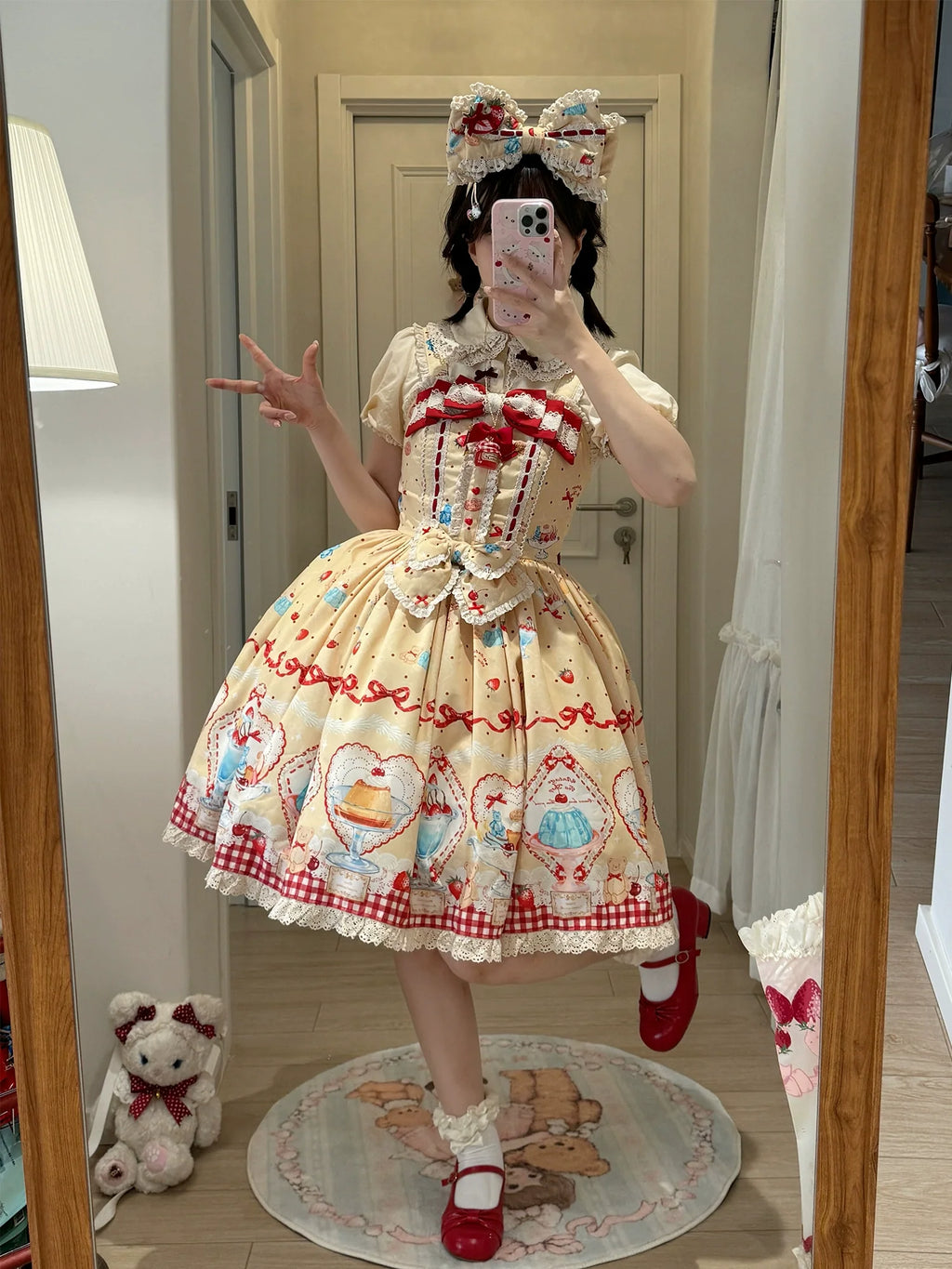 Showa Dessert Showcase - Kawaii Lolita JSK/Salopette Dress Suit, Pudding-Inspired - image 1
