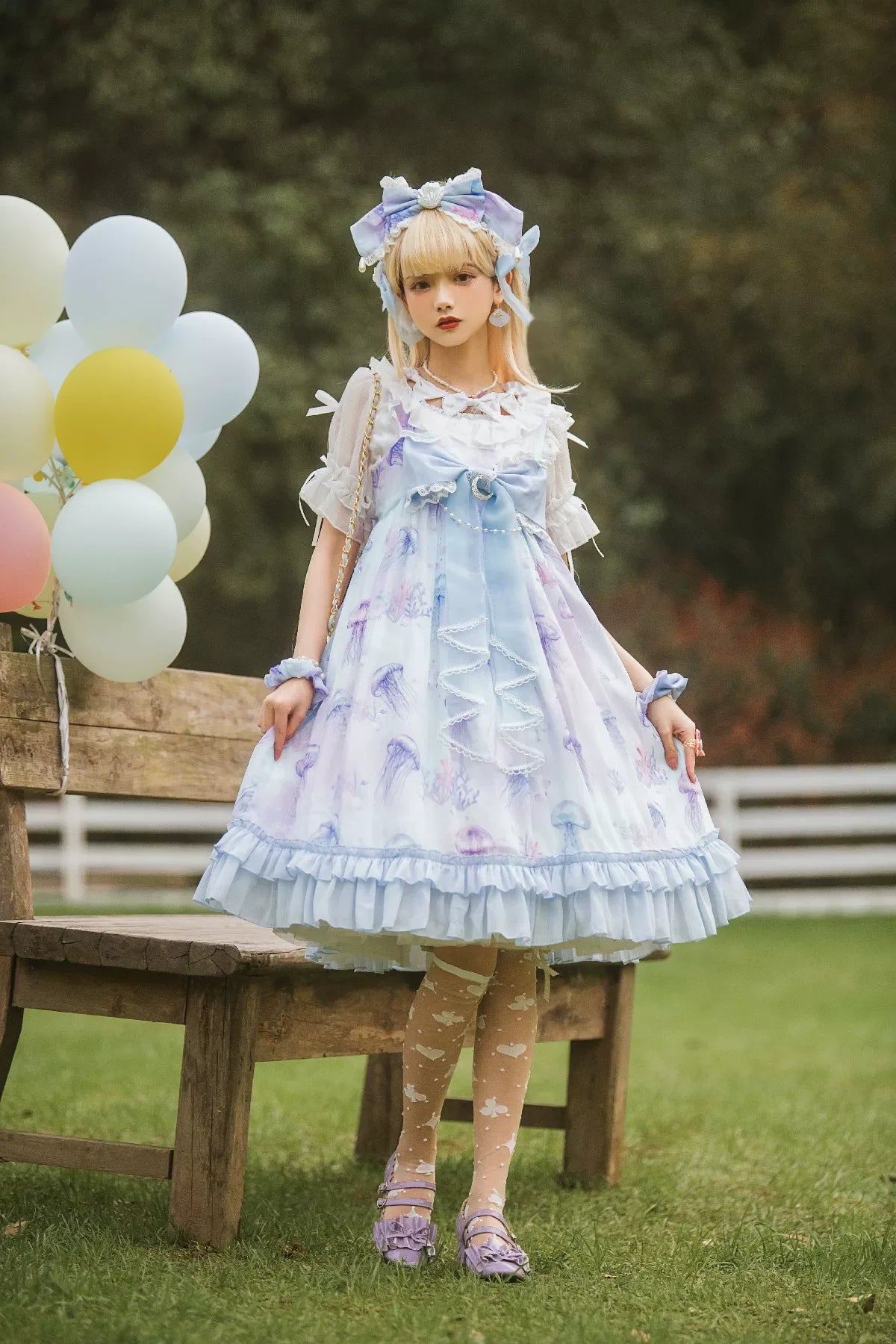 Coral Jellyfish - Sweet Lolita High-waist JSK Dress, Jellyfish & Coral Print and Accessories - image 12