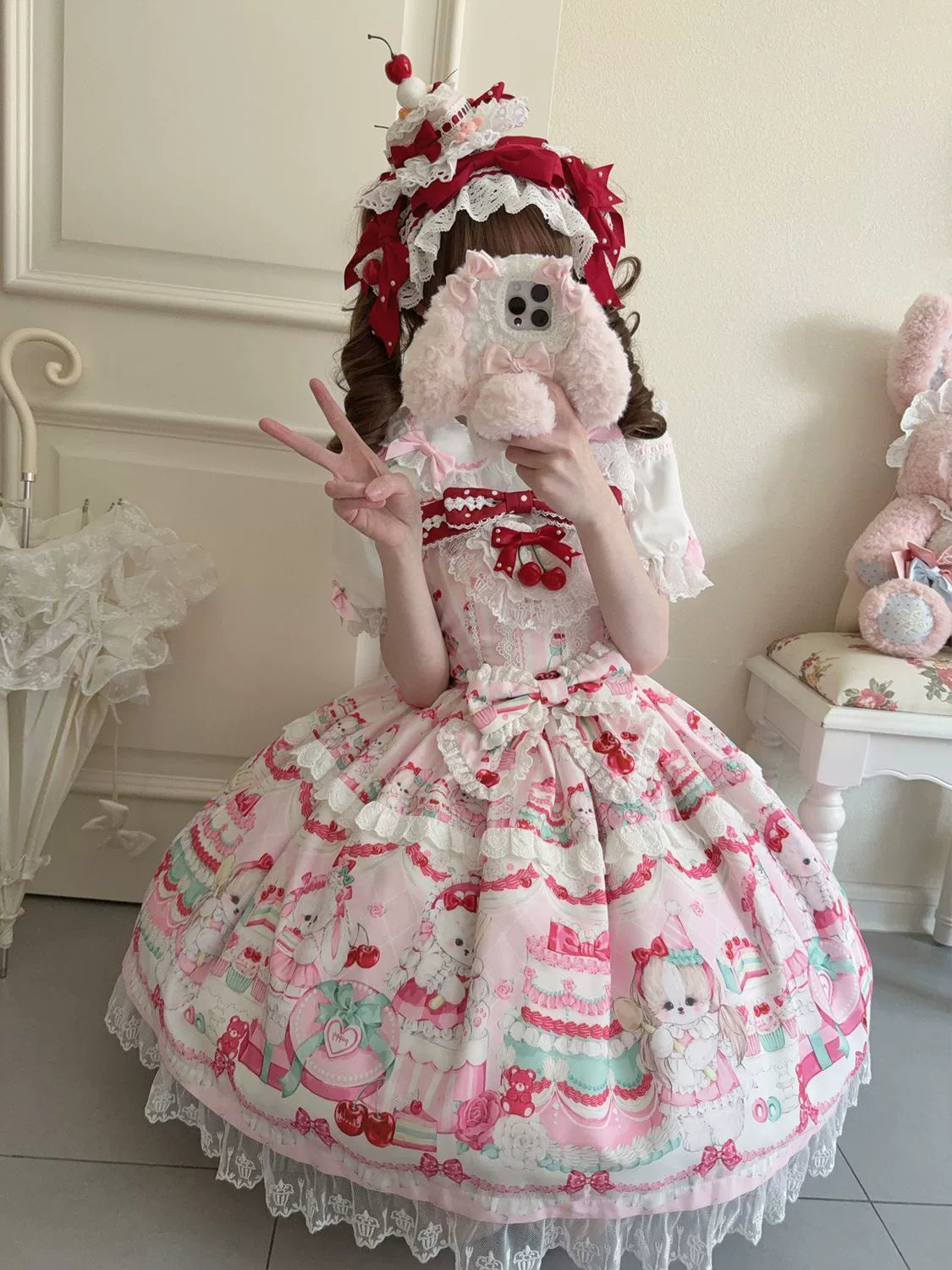 Cherry Bake Song - Kawaii Lolita JSK Dress With Dessert Print & Cherry Bow - image 14