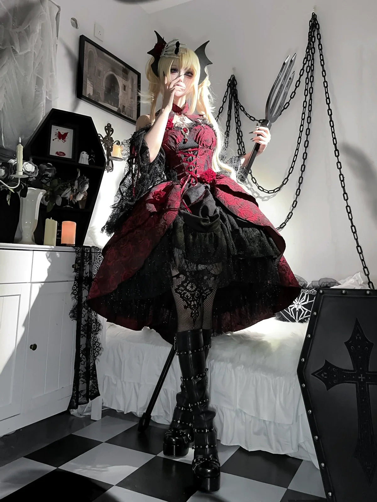 Rose Blood - Black Red Gothic Lolita JSK Jacquard Court Dress - image 11