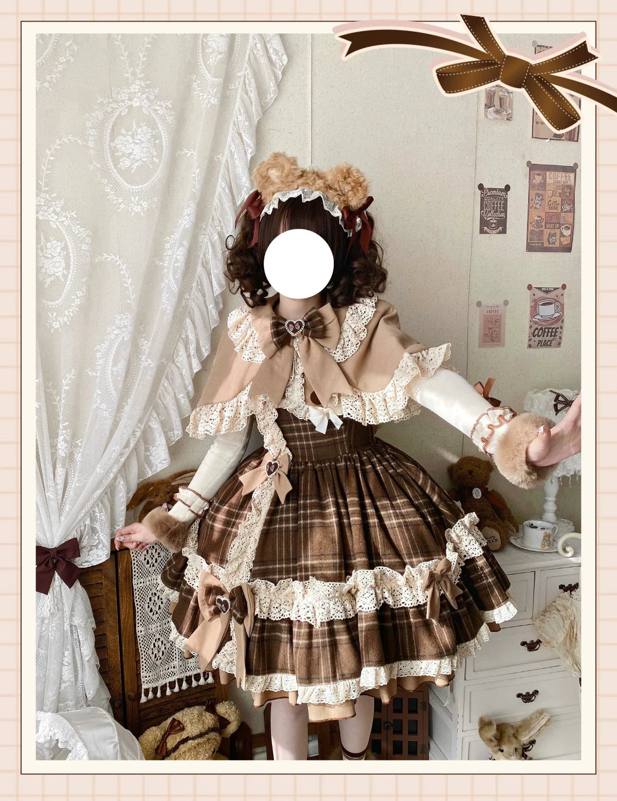 Choco Chestnut - Plaid Kawaii Lolita JSK Dress, Peter Pan Collar Cape - image 15
