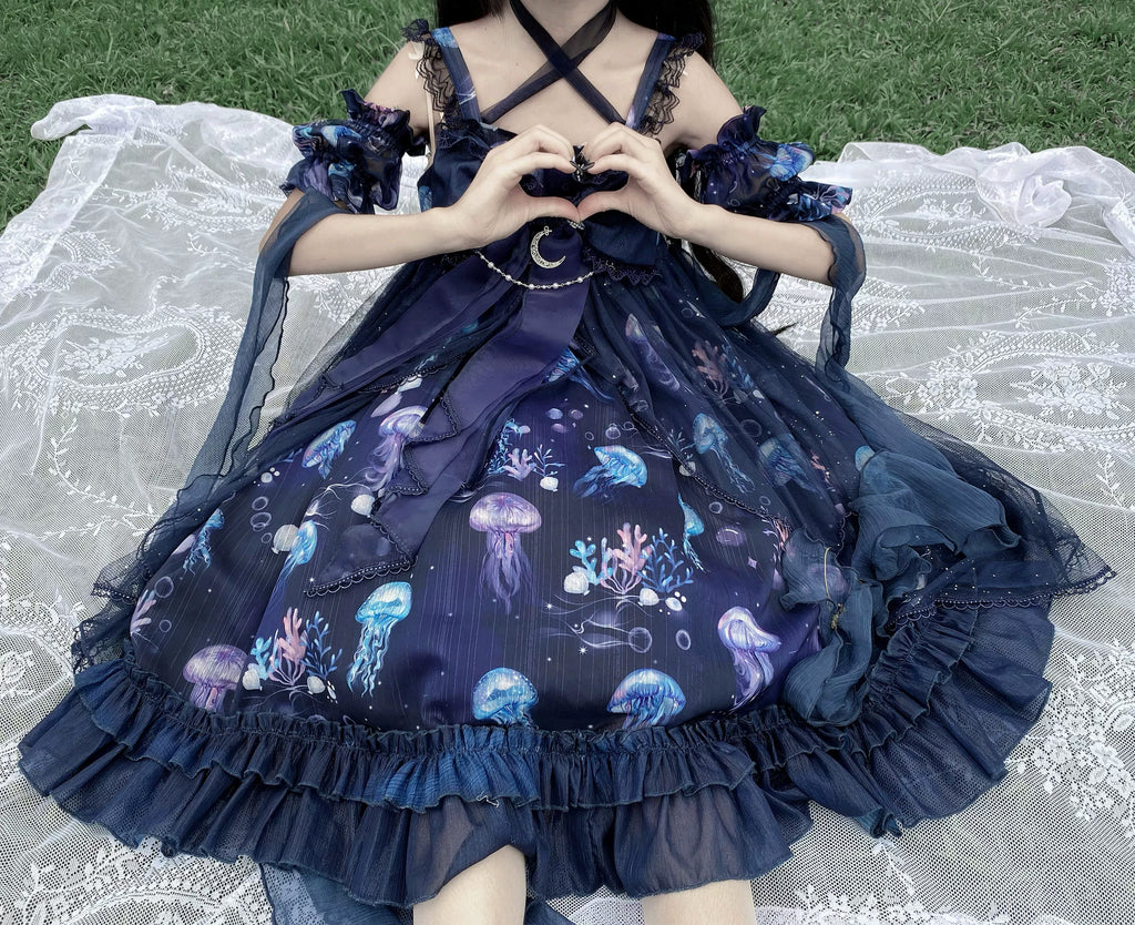 Coral Jellyfish - Sweet Lolita High-waist JSK Dress, Jellyfish & Coral Print and Accessories - image 7