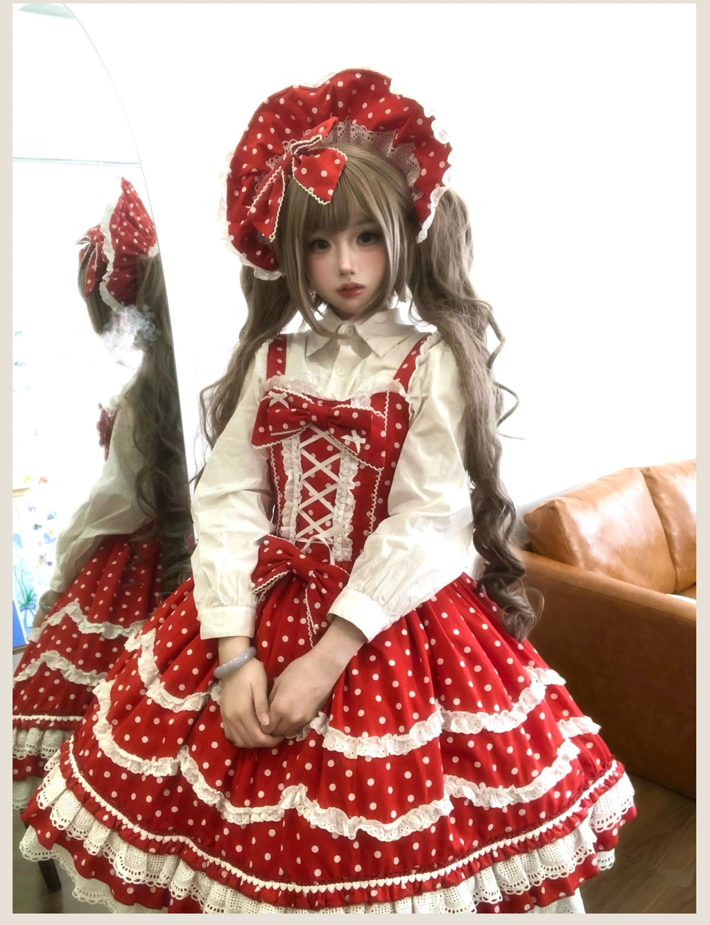 Polka Bailys - Old School Lolita JSK Suit, Red White Polka Dot Dress - image 15