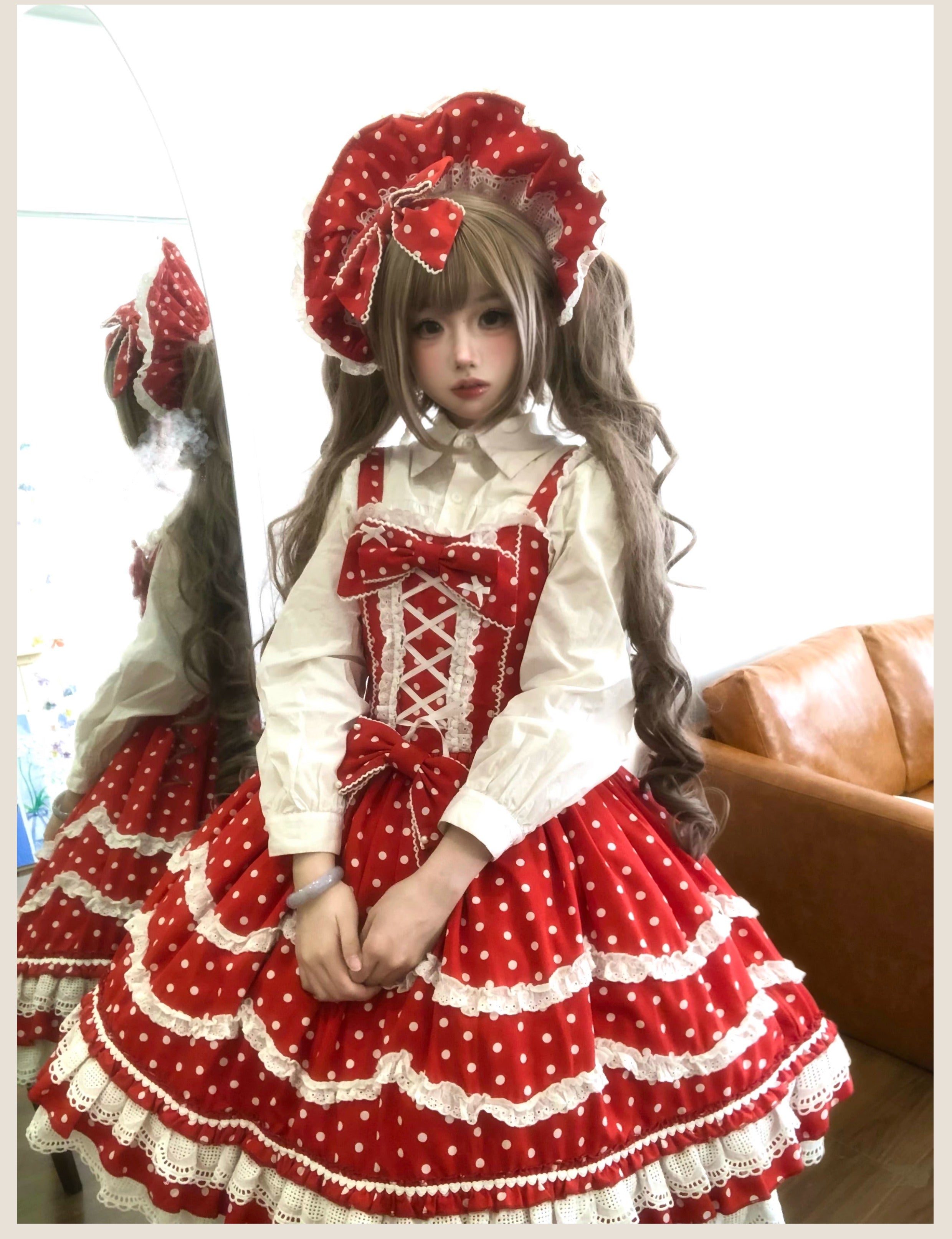 Polka Bailys - Old School Lolita JSK Suit, Red White Polka Dot Dress - image 15