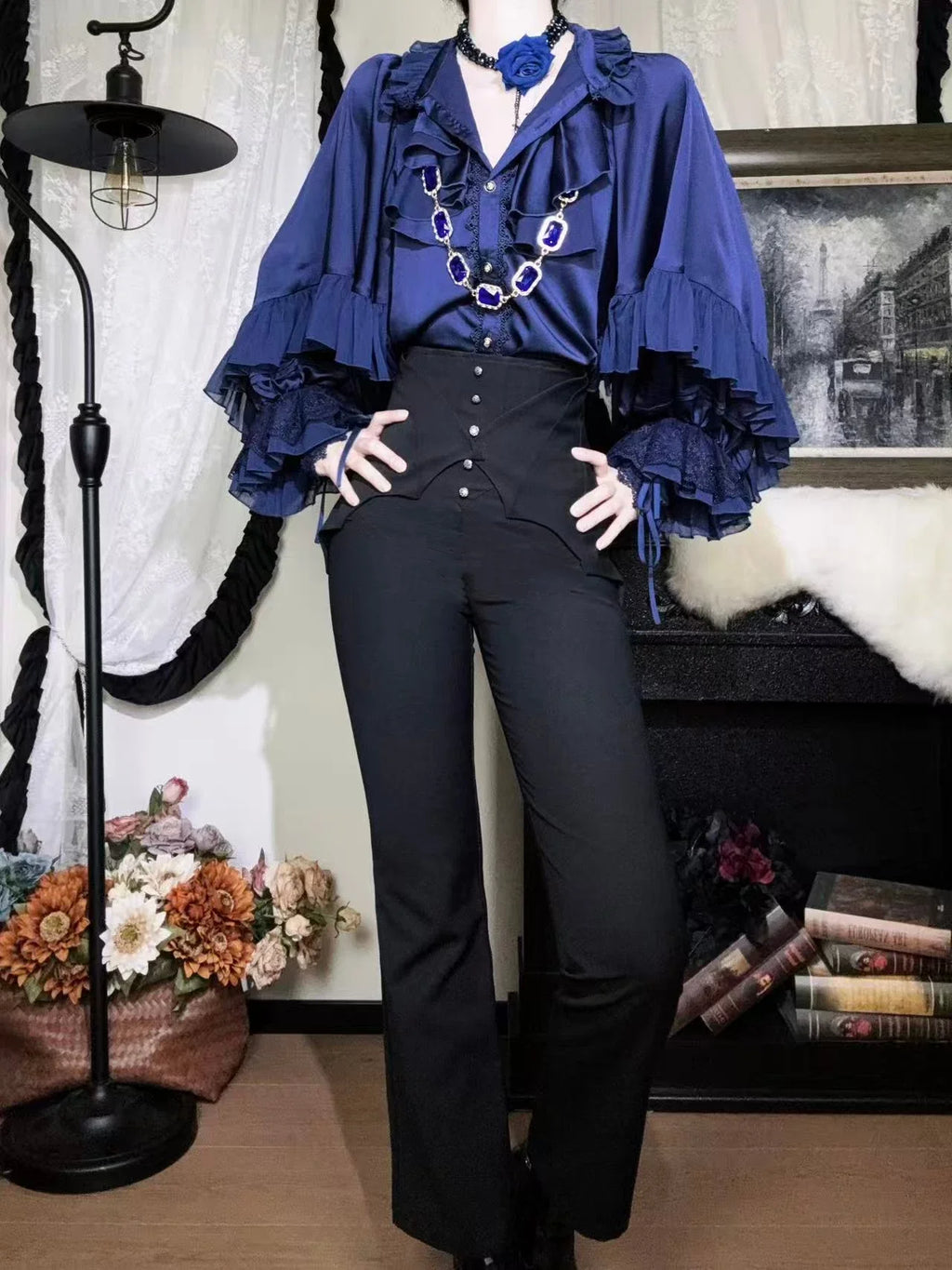 Earl of Drooping Wings - Ouji Lolita Flared Pants, Batwing Decoration - image 12
