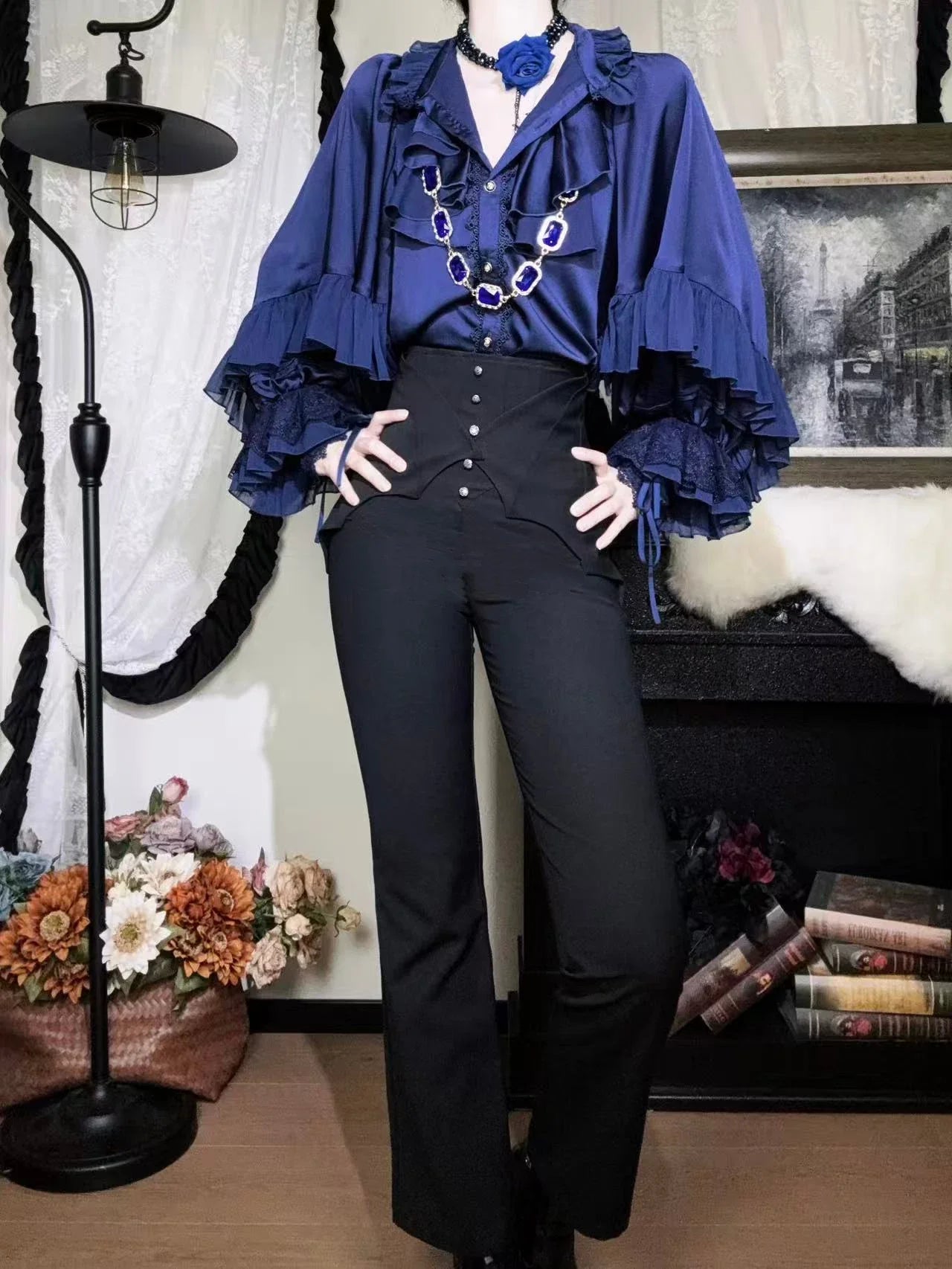 Earl of Drooping Wings - Ouji Lolita Flared Pants, Batwing Decoration - image 12
