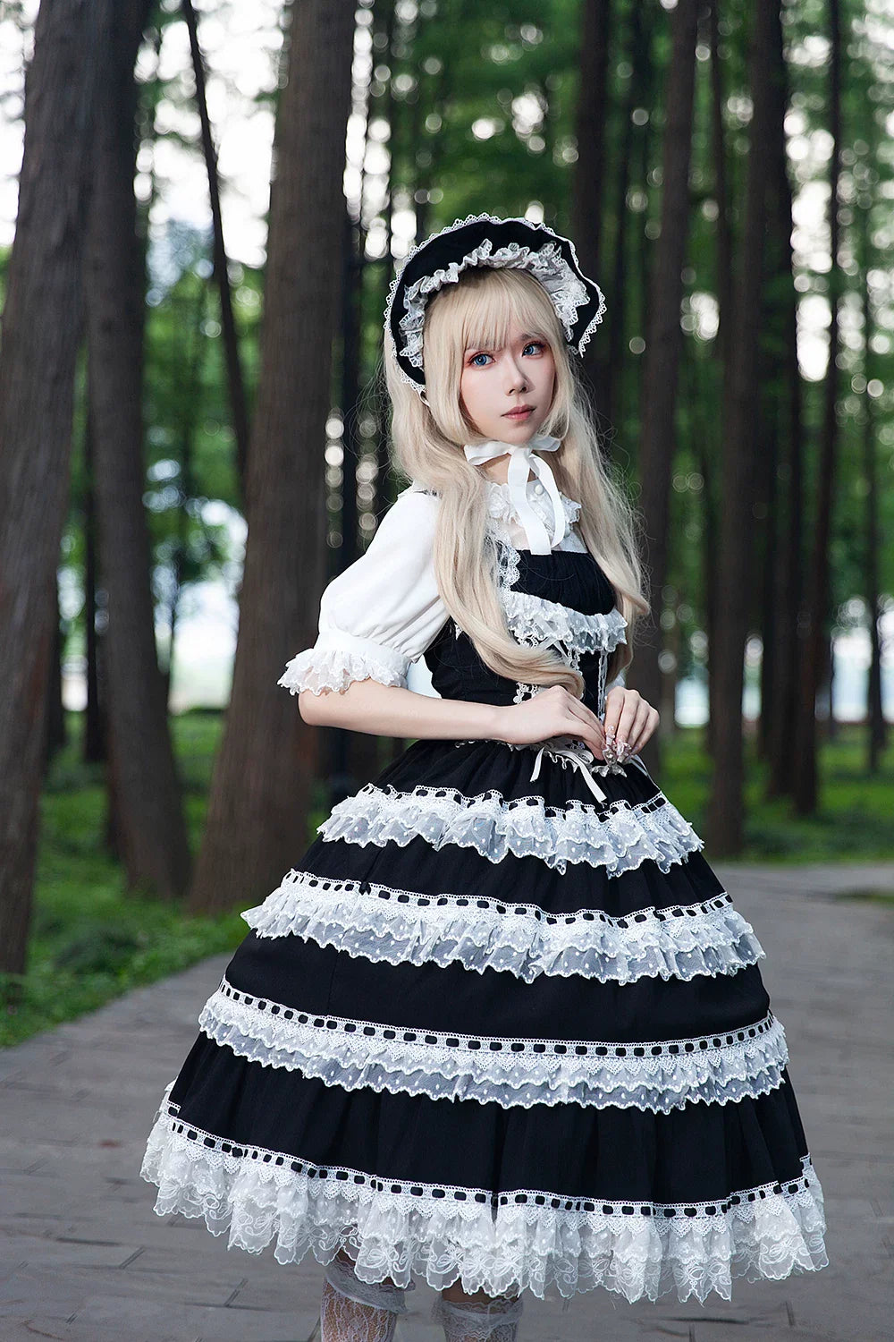 Mirror Doll - Old School Lolita Tiered Hem JSK with Polka Dot Lace and Accessories - image 5