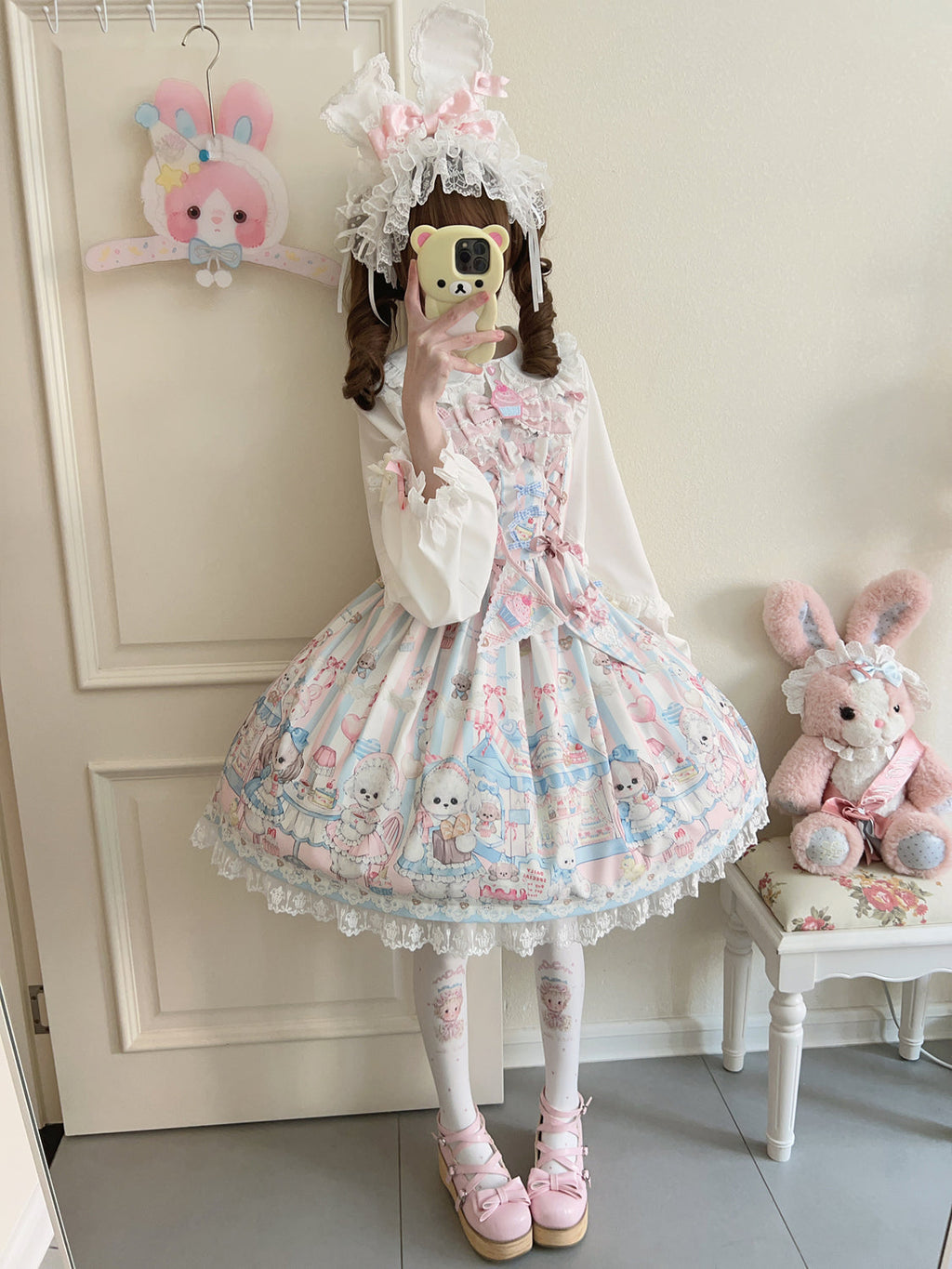 Sweet Tea Party - Kawaii Lolita JSK Puppy Printed Dress with Sash - image 3