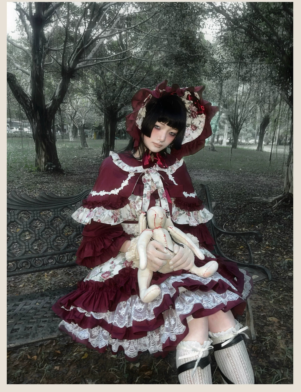 Burgundy Rose - Floral Printed Old School Lolita JSK, Elegant Cape and Accessories - image 6
