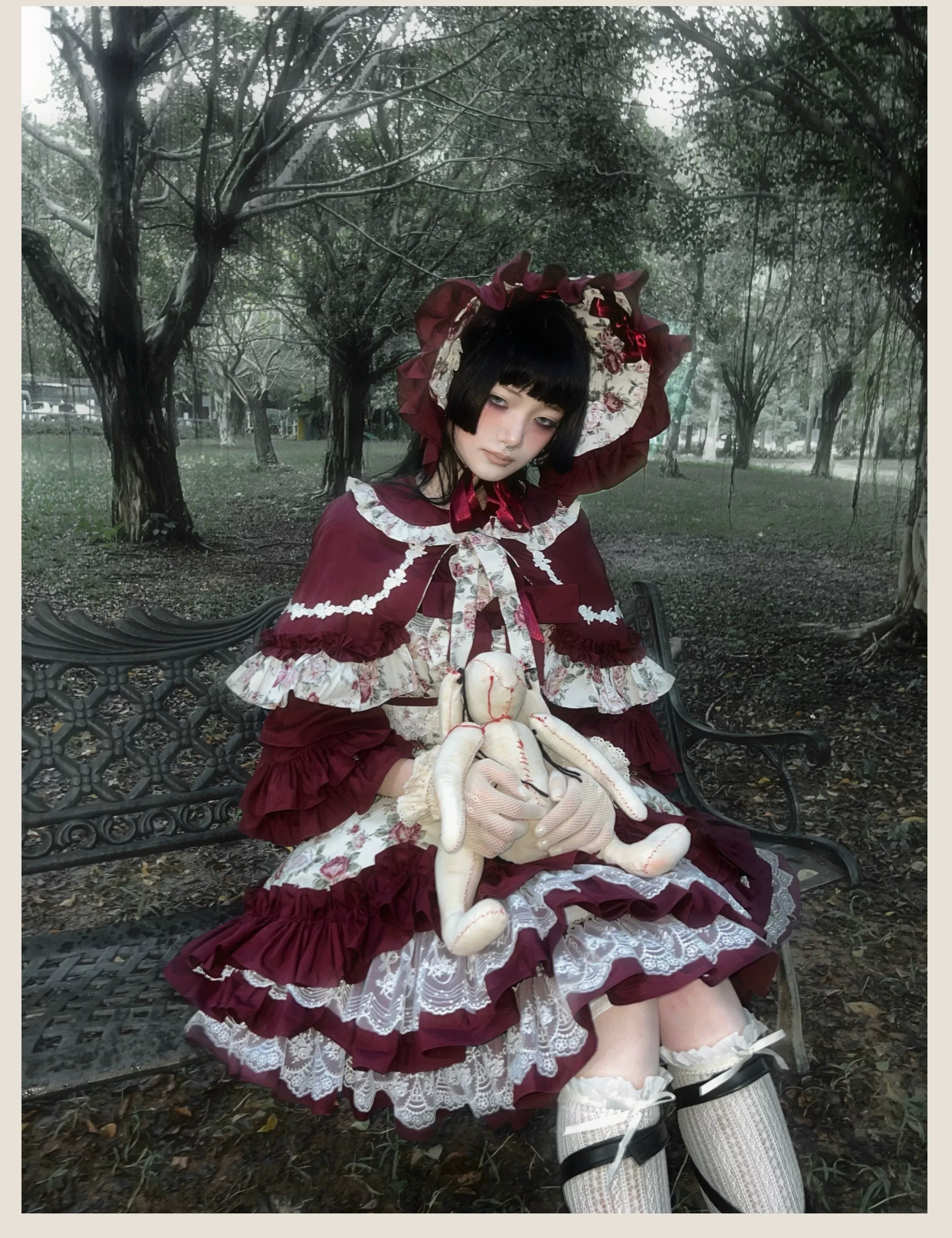 Burgundy Rose - Floral Printed Old School Lolita JSK, Elegant Cape and Accessories - image 6