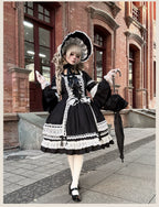 First Otome Black Old School Lolita OP Dress, Lace Details - image 12
