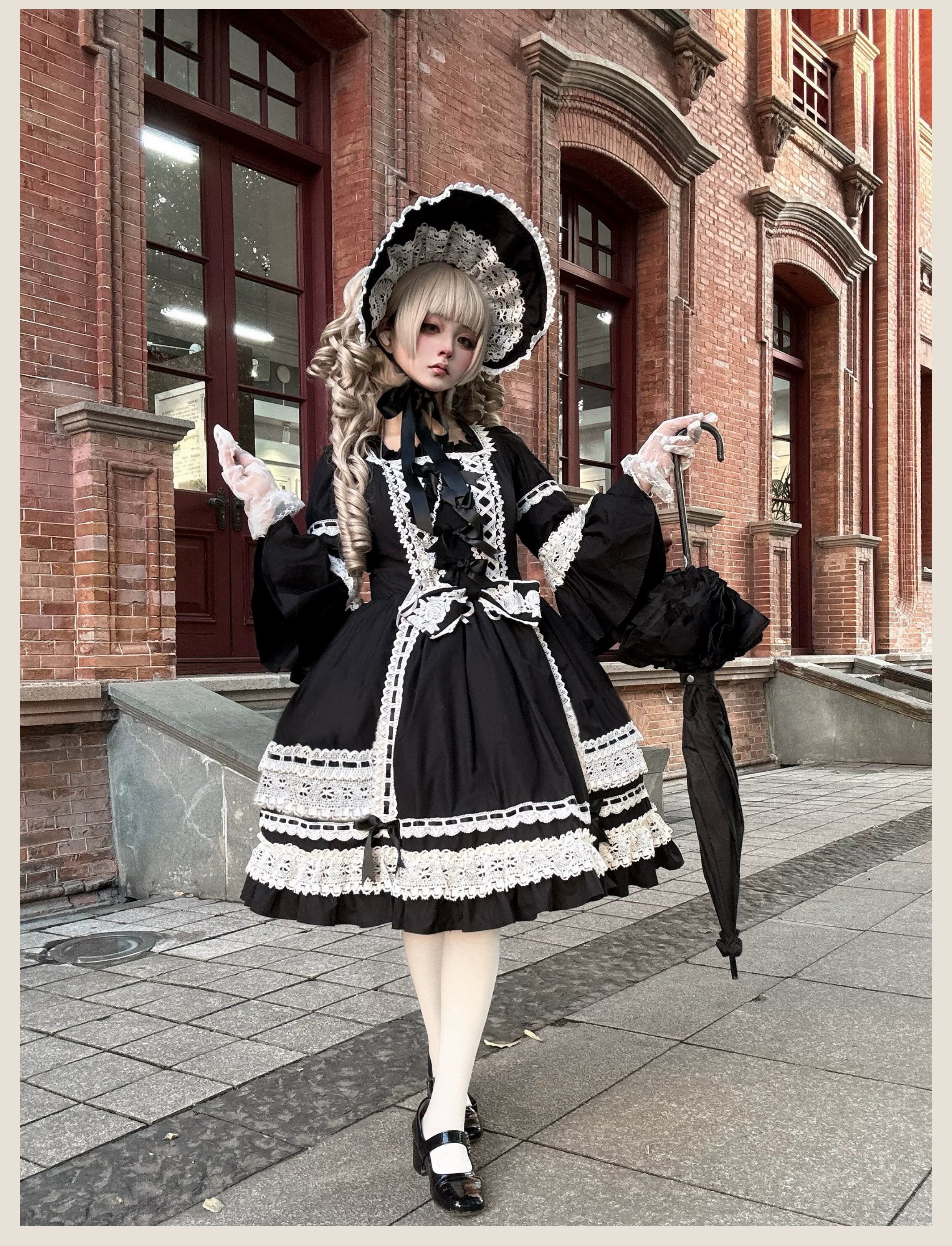 First Otome Black Old School Lolita OP Dress, Lace Details - image 12